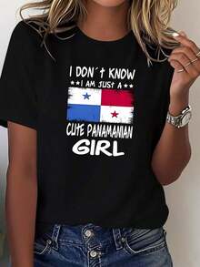 SummerCamisetas Gráficas para Mujer con Estampado de la Bandera de Panamá - Mangas cortas 100% cómodas, estampadas con el eslogan "No conozco a ningún panamano amable" y el escudo de armas del país - Ropa informal de orgullo cultural 100% algodónFashion All-match Women's Short Sleeve T-shirt, Basic Style for Inner & Outer Wear - Negro - Ver 1