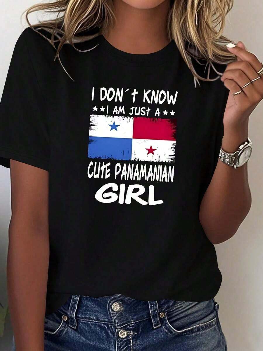 SummerCamisetas Gráficas para Mujer con Estampado de la Bandera de Panamá - Mangas cortas 100% cómodas, estampadas con el eslogan "No conozco a ningún panamano amable" y el escudo de armas del país - Ropa informal de orgullo cultural 100% algodónFashion All-match Women's Short Sleeve T-shirt, Basic Style for Inner & Outer Wear - Negro - Ver 1