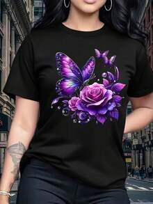 Camiseta casual de algodón 100% para mujer, con cuello redondo, estampada con rosas moradas y mariposas, de manga corta y longitud regular, ideal para primavera y verano, un regalo perfecto para cumpleaños o días festivos, camiseta de algodón transpirable para mujer, combina con todo, 100% algodón. - Negro - Ver 1