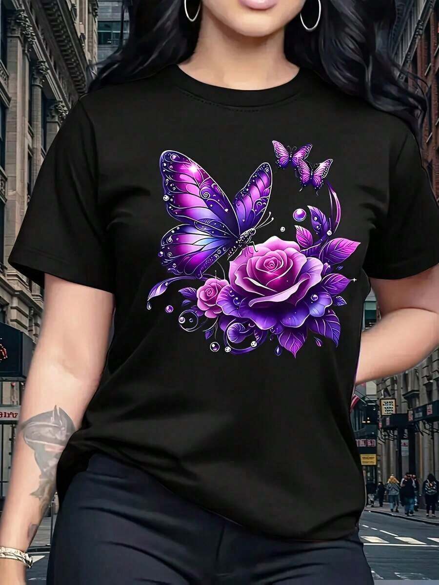 Camiseta casual de algodón 100% para mujer, con cuello redondo, estampada con rosas moradas y mariposas, de manga corta y longitud regular, ideal para primavera y verano, un regalo perfecto para cumpleaños o días festivos, camiseta de algodón transpirable para mujer, combina con todo, 100% algodón. - Negro - Ver 1