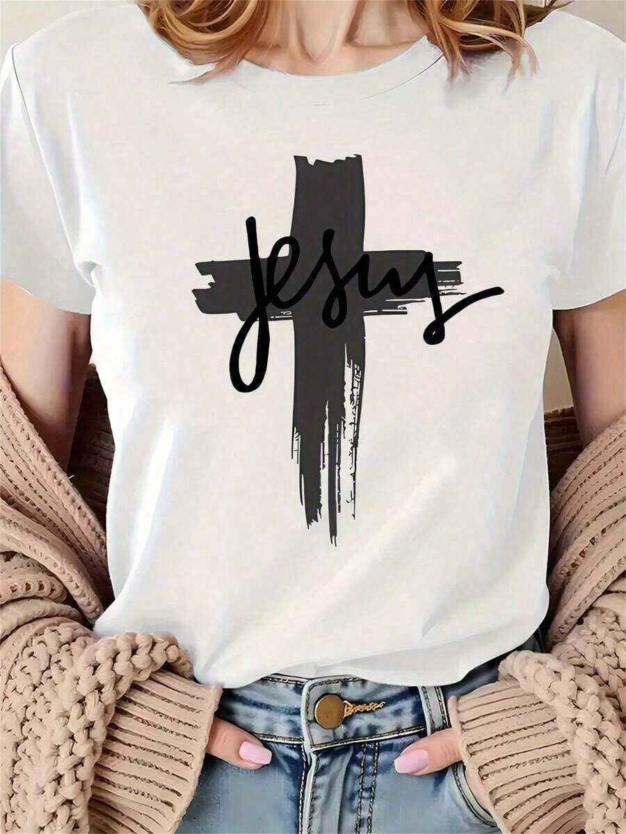 2026 Fashion Graphic T-Shirts For Women - "Jesus: Symbol Of Faith And Strength" Print, Short Sleeves, Crew Neck, Quick Dry. Machine Washable, Soft Texture - Perfect For Casual And Formal Occasions. 100% Cotton, Breathable For Summer. Ideal As A Gift. Women's T-Shirt. Blouses > Stylish T-Shirt. - 白色 - 查看 1