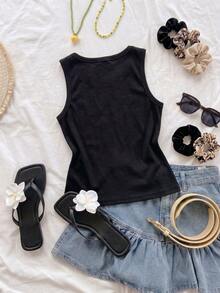 Summer New Arrival Minimalist Casual Round Neck Sleeveless Fitted Versatile Tank Top For Women - Black - View 2