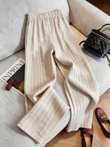 Pantalones anchos de mujer con pliegues y botones a rayas, versátiles para uso diario - Multicolor - Ver 2