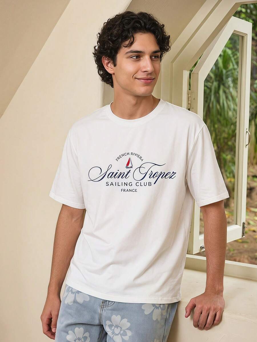 Open Phase Áo thun nam kiểu dáng du thuyền mềm mại và thoải mái, chất liệu vải dệt kim thoáng khí 100% polyester, thiết kế cổ tròn vừa vặn, phù hợp cho các hoạt động thể thao ngoài trời mùa hè và mặc hàng ngày, phong cách retro Mỹ, unisex, trang phục mùa hè thoải mái – phù hợp cho mặc hàng ngày và trang phục nghỉ hè. - trắng - Xem 1