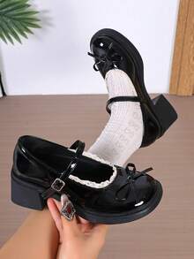 Glossy Black Lace Trim Bow Mary Jane Shoes For Women, Lace Lining Strap Shoes, Versatile Shoes For Pleated Skirts, JK School Style Commuter Shoes - Black - View 6