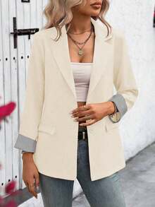 Clasi Chaqueta ligera de estilo casual de negocios para mujer, con cuello de solapa, apta para el lugar de trabajo, de unicolor, para primavera/otoño - Albaricoque - Ver 4