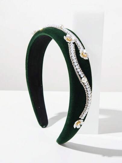 1pc Summer European And American Fashion New Headband, Solid Color Retro Palace Style Gemstone Pearl Flower Wide Velvet Headband, Exquisite Niche Design, Elegant Costume Accessory For Ball, Party, High-End Women