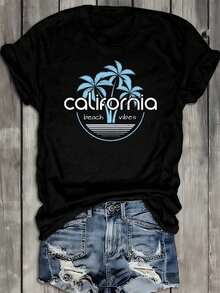 Camiseta Gráfica de Mujer "California Vibes Los Angeles" - 180g Peso Pesado 100% Aodón, Cuello Redondo Oversize Manga Corta, Negra con Letras LA y Diseño de Palmeras al Atardecer - Ropa Casual de Ca, Verano, Playa, uste Diario para Mujeres - Regalo I para Fans de LA - Negro - Ver 2