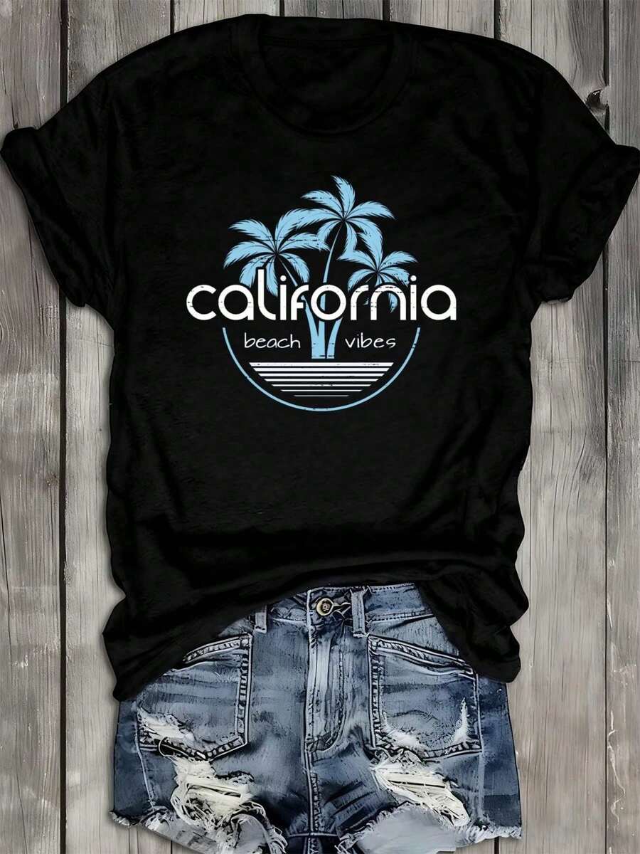Camiseta Gráfica de Mujer "California Vibes Los Angeles" - 180g Peso Pesado 100% Aodón, Cuello Redondo Oversize Manga Corta, Negra con Letras LA y Diseño de Palmeras al Atardecer - Ropa Casual de Ca, Verano, Playa, uste Diario para Mujeres - Regalo I para Fans de LA