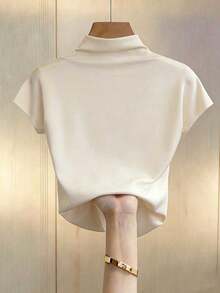 Camiseta blanca de manga corta ajustada con pliegues de unicolor y versátil para mujer - Albaricoque - Ver 2