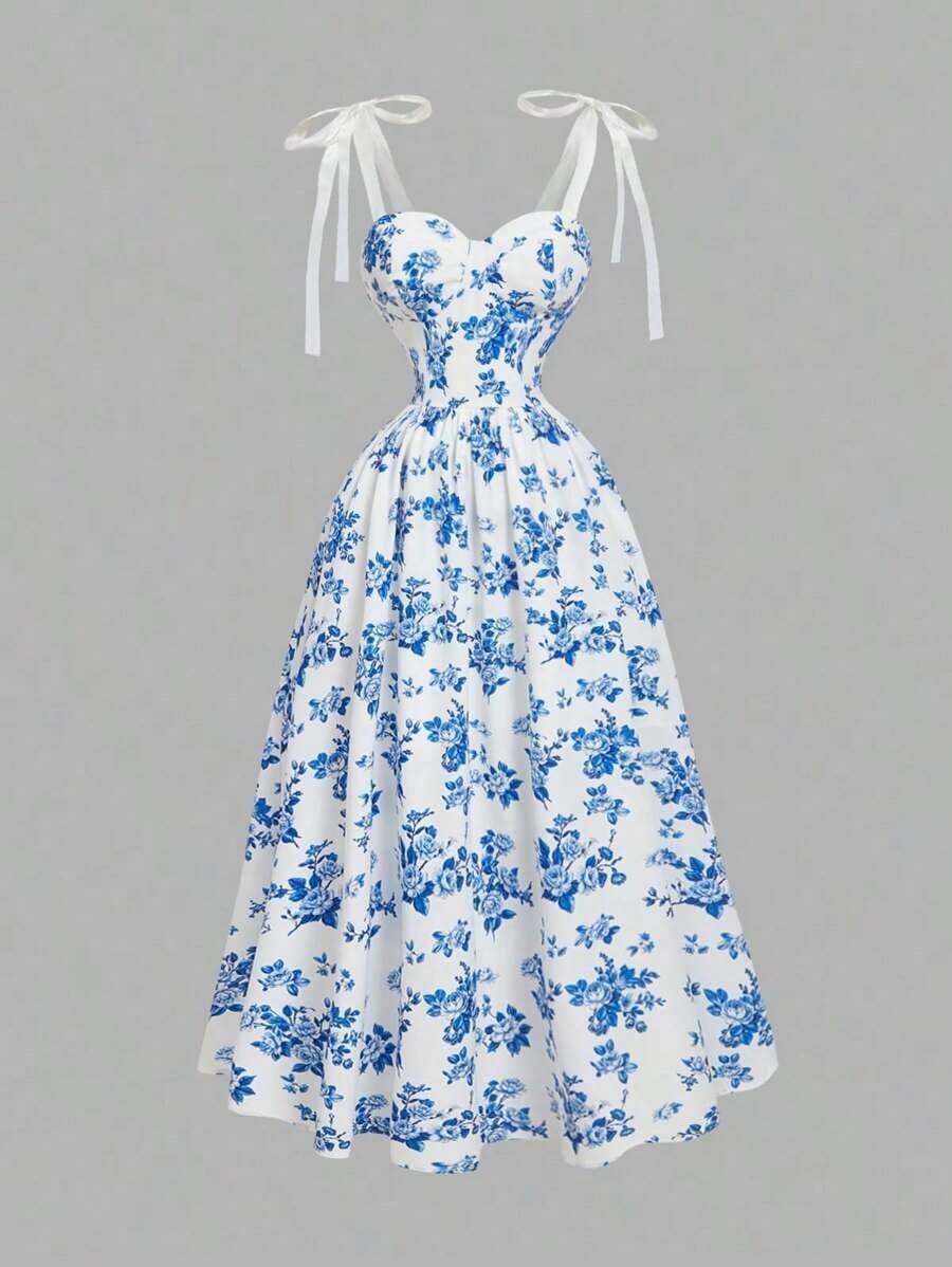 Vestido midi con lazo rojo, tirantes y busto fruncido - Azul 3 - Ver 1