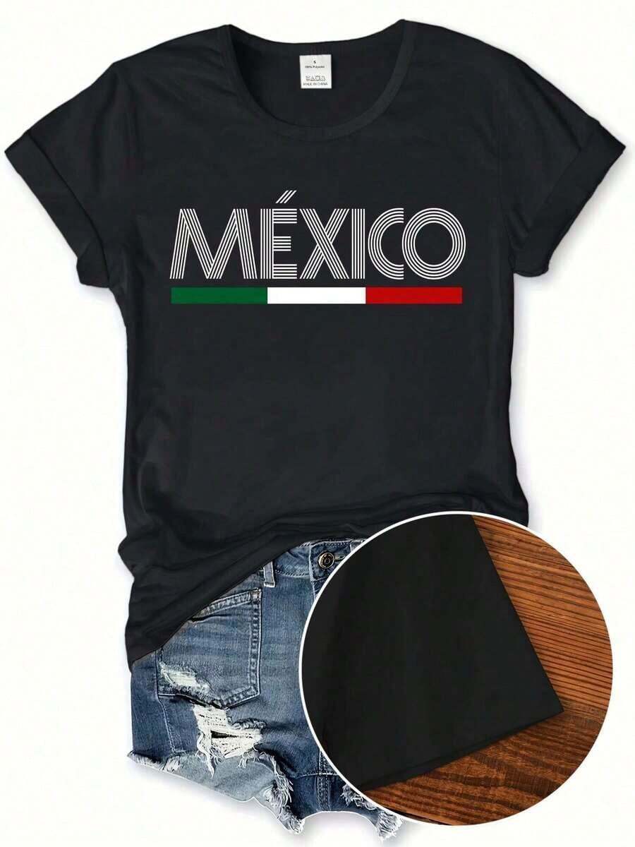 Soft Camiseta gráfica de México para mujeres - 100% algodón, corte relajado, cuello de tripulación con estampado de bandera de México, transpirable y lavable a máquina, parte superior de manga corta casual para primaveraverano (tallas S-3XL) pattern pattern - Negro - Ver 1