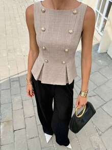 Blusa elegante sin mangas con cintura ceñida para uso diario, verano - Marrón - Ver 4