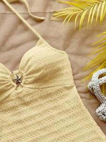 Vestido mini con textura, escote en V, decoración de estrella de mar metálica, cuello con lazo, espalda descubierta, ideal para vacaciones, citas, té de la tarde, días festivos, festivales de música, estilo bohemio - Amarillo - Ver 6