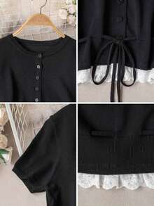 Cárdigan de punto gris de manga corta para mujer, de corte slim, con estilo universitario de verano, cuello redondo, parche de encaje y dobladillo con cordón - Negro - Ver 8