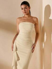 Vestido de dama de honor de boda de verano, vestido largo blanco con pliegues, abertura alta, volantes y tiras para fiesta, sin mangas y sin tirantes, sexy - Albaricoque - Ver 5