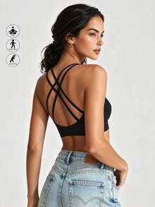 Runway Rest Brassière de sport à bretelles fines pour femmes, soutien léger, brassière de yoga plissée sans couture avec rembourrage, Top court pour le jogging, le fitness - Noir - Voir 2