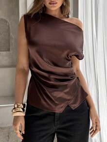 Blusa de oficina para mujer con cuello de barco, mangas cortas y corte cropped en color beige - Marrón - Ver 10
