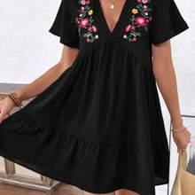 Holidaya Women V-Neck Short Sleeve Pleated Simple Casual Short Embroidered Doll Dress - Negro - Ver 1