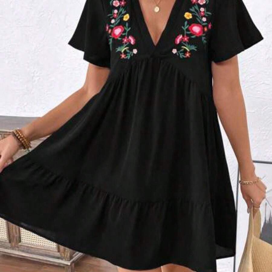 Holidaya Women V-Neck Short Sleeve Pleated Simple Casual Short Embroidered Doll Dress - Negro - Ver 1