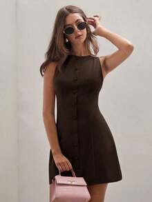 Vestido casual de verano de mujer de mini longitud, de un solo botón, cuello redondo y sin mangas, de unicolor - Cafetería - Ver 7