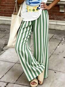 Pantalones sueltos y casuales a rayas para mujer, pantalones ligeros y cómodos de estilo bohemio elegante para primavera, verano y otoño, vacaciones en color rosa - Verde - Ver 4