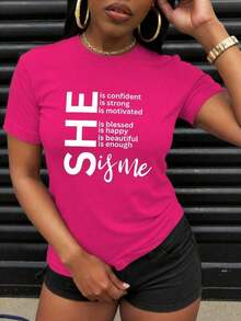 Camiseta de Mujer Estampada con Combinación de Letras y Gráficos para Ropa de Año Nuevo, Camisetas Gráficas, Tops de Mujer - Rosa Fucsia - Ver 3