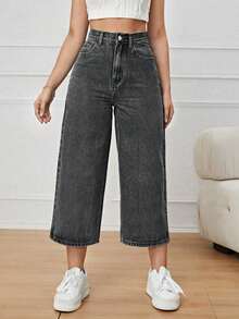 Jeans unicolor con cremallera - Negro - Ver 1