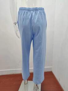 Pantalones de lino y algodón para mujer, pantalones de pierna ancha de cintura alta lisos de verano y otoño, pantalones deportivos informales transpirables de cáñamo sueltos para mujer - Azul Marino - Ver 2