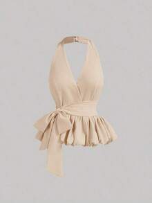 Top de mujer con cuello halter, bajo de burbuja y lazo oversize en color amarillo, ideal para citas, vacaciones, picnics, brunch, fiestas, estilo Y2K, top tubo, ropa de club, hombros descubiertos, invitada de boda, top lindo, crop top, vacacione - Albaricoque - Ver 5