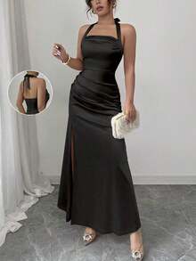 Vestido camisero elegante de color champagne, con tela de satén elástica y abertura lateral de largo maxi - Negro - Ver 8