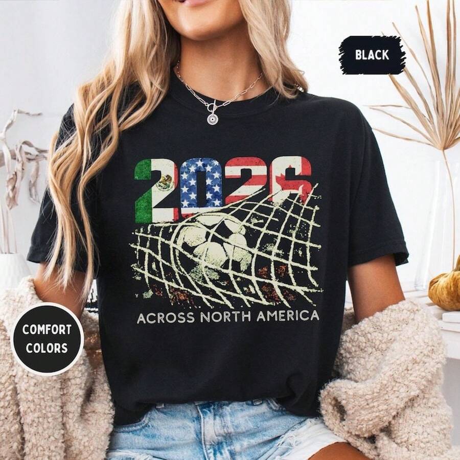 Unisex Pure Cotton T-Shirt, Casual Style, Loose Fit, Round Neck, For The 2026 Summer Football World Cup - 黑色 - 查看 1