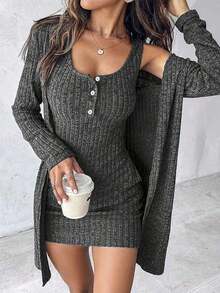 Women's Sexy 2pcs Dress Set, Blue, Autumn/Winter - 深灰色 - 查看 1