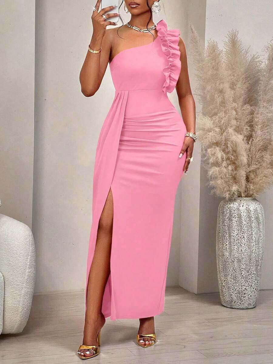 AIJ Vestido elegante de corte asimétrico con hombro descubierto, diseño fruncido y volantes, sin mangas, para mujer, unicolor, para fiestas, citas, fiestas de solteros, cenas formales o eventos de gala en otoño e invierno 2024 - Rosa - Ver 1