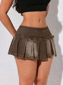 Falda mini de línea A de denim con detalles lavados y plisados de moda para mujer en verano - Café integral - Ver 4
