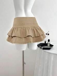 Falda de mezclilla de moda para mujer con diseño de cintura con botones y dobladillo con doble volante - Caqui - Ver 2