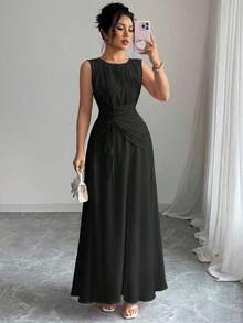 Vestido maxi casual, romántico, vintage y elegante de gasa para mujer con cordón en la cintura, para la playa, el té de la tarde, fiestas de noche, uso diario, sin mangas, de unicolor, vestido largo, primavera/verano - Negro - Ver 4