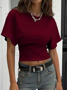 Camiseta blanca casual de mujer de cuello redondo y manga corta, holgada - Burdeos - Ver 3