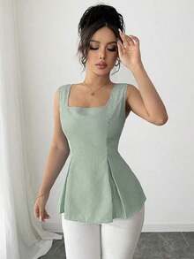 Camisa sin mangas elegante con cuello cuadrado, cintura atada y rayas para el verano 2025 - Verde - Ver 3