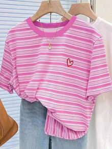 Camiseta de mujer talla grande con estampado digital a rayas de colores y bordado de fresa, regalo para amigos - Blanco 4 - Ver 3