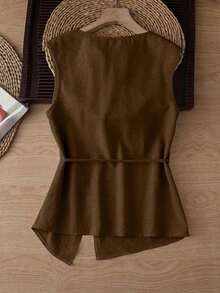 Nueva llegada Camiseta sin mangas con diseño único para mujeres, blusas coreanas de primavera/verano para mujeres, blusas lisas elegantes casuales para mujeres, blusas de estilo coreano - Café integral - Ver 2