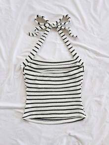 Parte superior corta ajustada con cuello de halter casual para vacaciones de mujer, verano de mujer, sin espalda, ropa de vacaciones de mujer, lunares, primavera de mujer, verano, parte superior para salir de mujer, vacaciones de mujer - Blanco y Negro - Ver 2