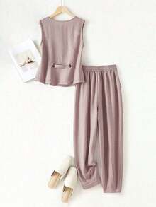 Conjunto de blazer, chaleco y pantalones de lino casual para mujer, color rosa para primavera/verano - Rosa - Ver 2