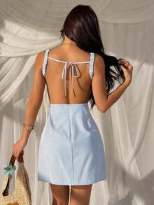 Vestido mini sin espalda y sin mangas con rayas azules tejido para mujeres - Azul y blanco - Ver 2