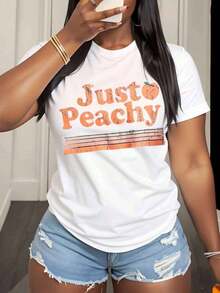 Just Peachy Women's Vintage Graphic T-Shirt, Casual Summer Top, Retro Peach Print T-Shirt, Fashionable Garment For Daily Wear And Festival Season, Suitable For Spring, Summer And Autumn. - 白色 - 查看 7