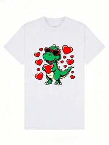 Women's Warm Clothing. Women's Summer Clothes, Soft And Casual Cotton T-Shirt With Round Neck, Cartoon Green Dinosaur Print With Heart-Shaped Sunglasses. White. - 白色 - 查看 2