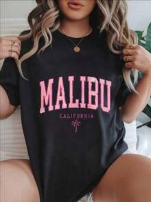 Camiseta Casual de Moda para Mujer con Estampado de Palmeras de Malibu, California, Adecuada para Todas las Temporadas  
 Negro - Negro - Ver 1