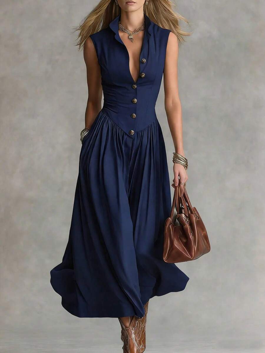 New Temperament And Elegance In Spring 2026, Fan Xiushi, Slim Lapel, Long Button-Up Dress For Women - Dark Wash - View 1