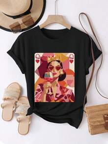 Camiseta de manga corta casual cómoda para mujer con cuello redondo Reina de corazones sosteniendo una copa de vino Tops elegantes y modernos de largo regular con cuello redondo para todas las estaciones Diario de moda Adecuado para la ropa de mujer de primavera y veranoRopa diaria para chicas dulces o estudiantes ,Ropa fresca y sin sudor en verano,Traje de fiesta elegante,T-shirt para damas elegantes,Blusas adecuadas para mujeres con curva, - Negro - Ver 7