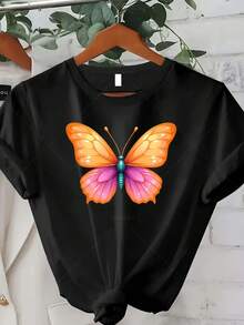 Women's Plus Size Classic T-Shirt With Butterfly Print - Casual Short Sleeve Crew Neck Top, Breathable For Spring And Autumn, Ideal For Spring And Summer Outfits, Perfect Gift For Thanksgiving, Christmas And New Year (Comfortable T-Shirt For Everyday Wear) Best Seller - 黑色 - 查看 7
